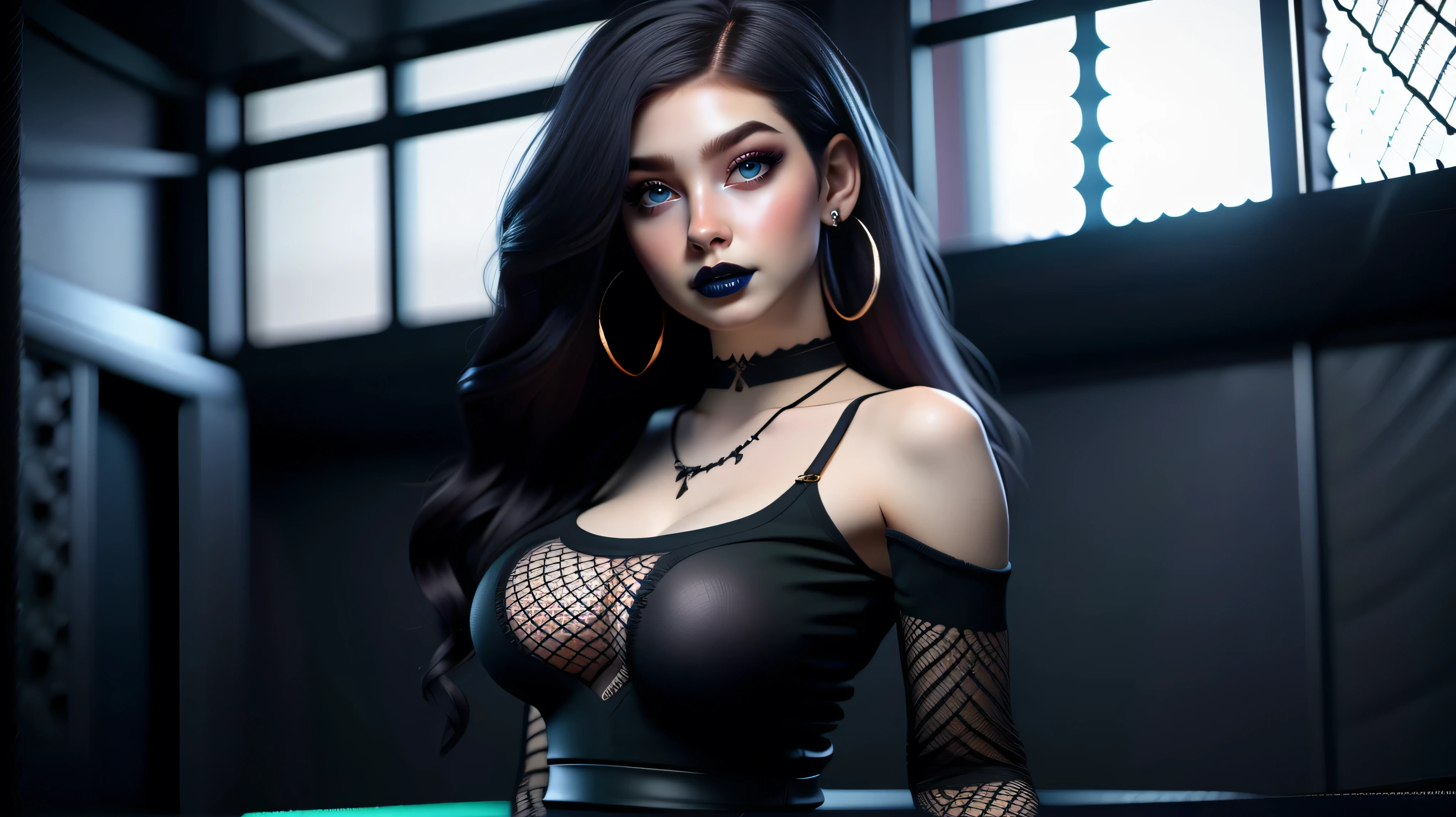 Best quality, 3d rendering work, 3DMM style, Close-up, Portrait,3D, 1girll, only, Black hair, earrings, looking at the camera, Realistic, Thin hips, Full body, thigh to head shot, ((sexy)), ((goth)), (panties), standing in front of a nightclub, city street, bangs, looks away, Long straight black hair, full lips, choker necklace, Makeup, (Green eyes), Tifa Lockhart, (round breasts, full breasts), (Medium breasts: 1.1)