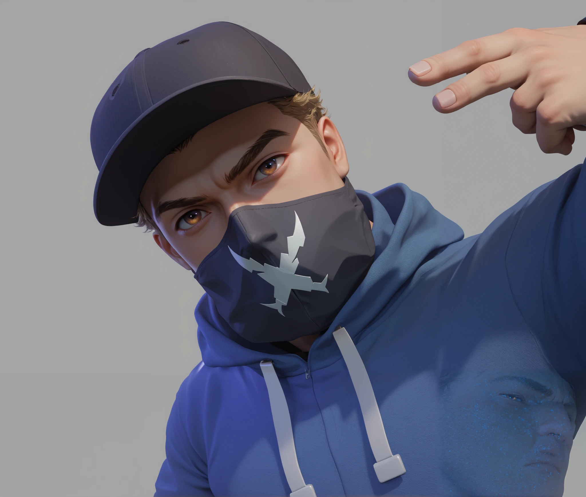 Looking up， man， An American boy wearing a baseball cap and mask，美国嘻哈 man形象， Serious and ferocious ， looking at the camera，Brown pupils， Black mask covering his mouth and nose ， Hat showing loose hair ， blond hair ，Night lights， cyberpunk lights， Purple lights ，Blue lights on the right ，UE5 Rendering，3D Rendering，Light and shadow enhancement，Cartoon Characters