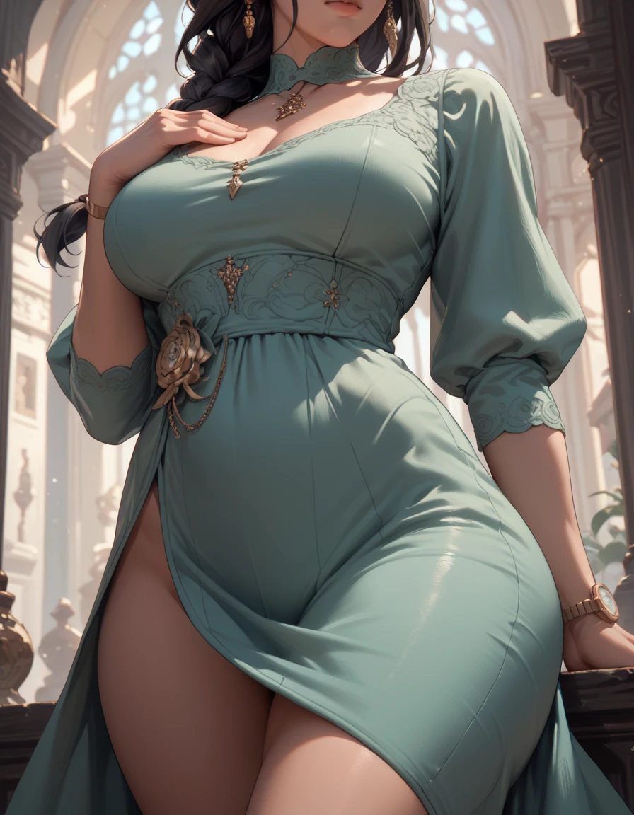 (masterpiece, best quality:1.2), shot from below, solo, 1girl, fubuki, expressionless, aroused blush, arms behind back, green hair, taut clothes, jewelry, necklace, (mega gigantic breasts), (perky nipples), ((thick thighs, mega wide hips))