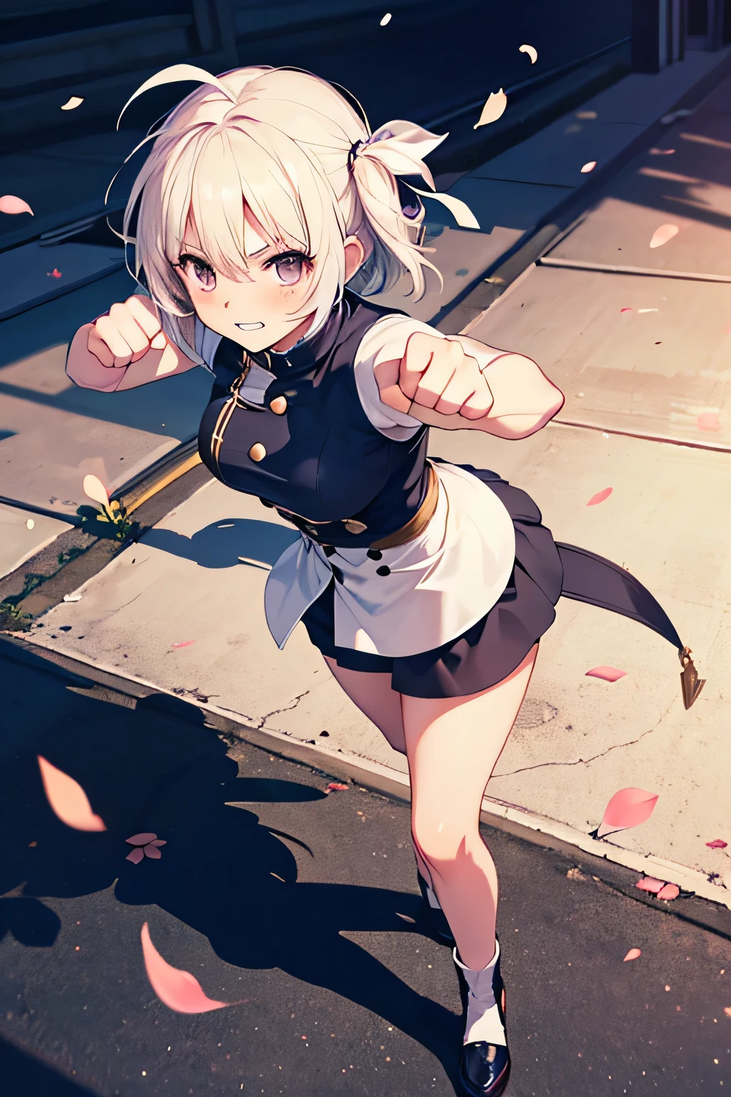 Serious girl, fighting, ( showing teeth), standing, combat pose,  mmorpg background ,  mmorpg background (A stranger), complete anatomy,   graphic effects , ribbon ornament, aura, height 159 cm  ( 5 feet 3 inches ), hard fists ,  caste summoning circle ability Guillotine Fist((kanji)( ragnarok online ), Blue Fire Force +vapor,  fire around, strong breeze , black and white cat mascot ,  sakura petals and leaves , primera persona, blush,  looking at the spectator , Charm, Pausa de toque ciego  looking at the spectator ,  anime style very detailed face, 8K, light and shadow effect.  masterpiece,  The best quality , fullbody, Chibi, , (change:1.2), Nendoroide, PVC models 