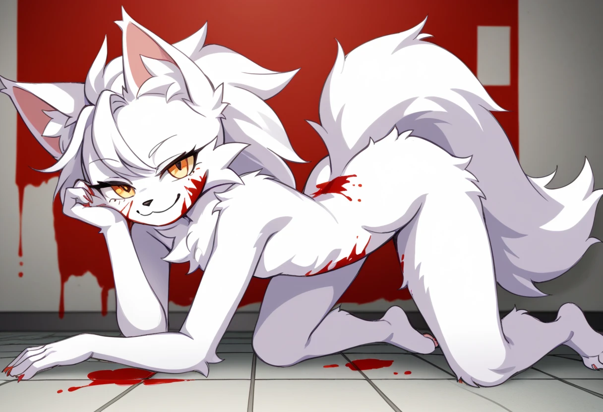 Duo, score_9,score_8_up,score_7_up, source_cartoon, kemono style, (loona from helluva boss, plantigrade feet paws four toes), clenched teeth, eyes half open, red sclera, white eyes, tired expression, drooling, naked, simple background, on a bed, sex, cowgirl position sex, squatting sex, she is fucking a faceless human male, looking down at male, males face is cropped out,