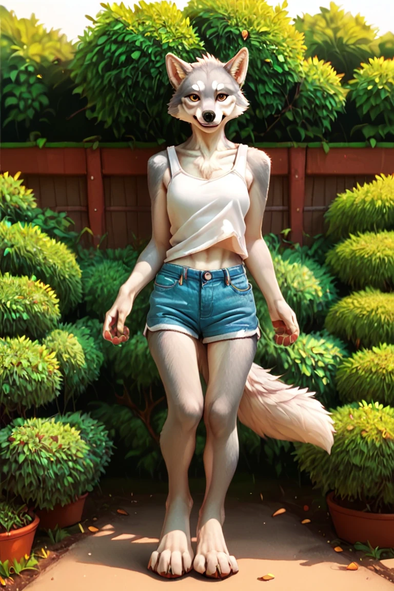 (anthro wolf girl:1.2),paws,headless,tank top,denim shorts,
 illustration,looking at viewer,reeds,wind,outdoors,bush
, score_9, score_8_up, score_7_up, score_6_up, score_5_up, score_4_up,zPDXL