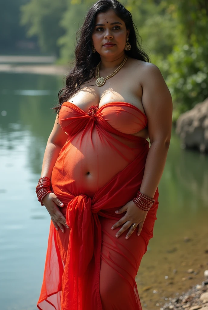 RAW, Best quality, high resolution, masterpiece: 1.3), beautiful Arabian woman,pregnant, Masterpiece, rain, perfect wet soaked body, wet clothes, (huge breasts:1.3), cleavage cutout, open breast, black chignon hair, open stand, realistic, dark hairy pussy, Soft smile, thick thighs, she is about 20 years old, pale white skin, wearing a sexy red bikini,ungu,oren,silver,pingk,kuning,biru, ((whole body)) turning away facial at viewer, closeup, heavy mountains, misty, fog, woman standing in the waterfall,