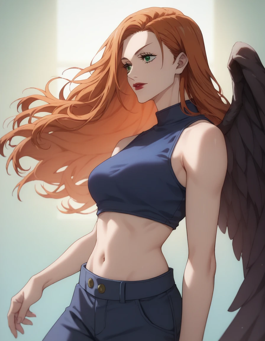 score_9, score_8_up, score_7_up, sauce_anime, ambient light,
jujutsu_kaisen_style, hg1, long hair, navel, midriff, green eyes, wings, crop top, red lips, orange hair, pants, beautiful face, long eyelashes