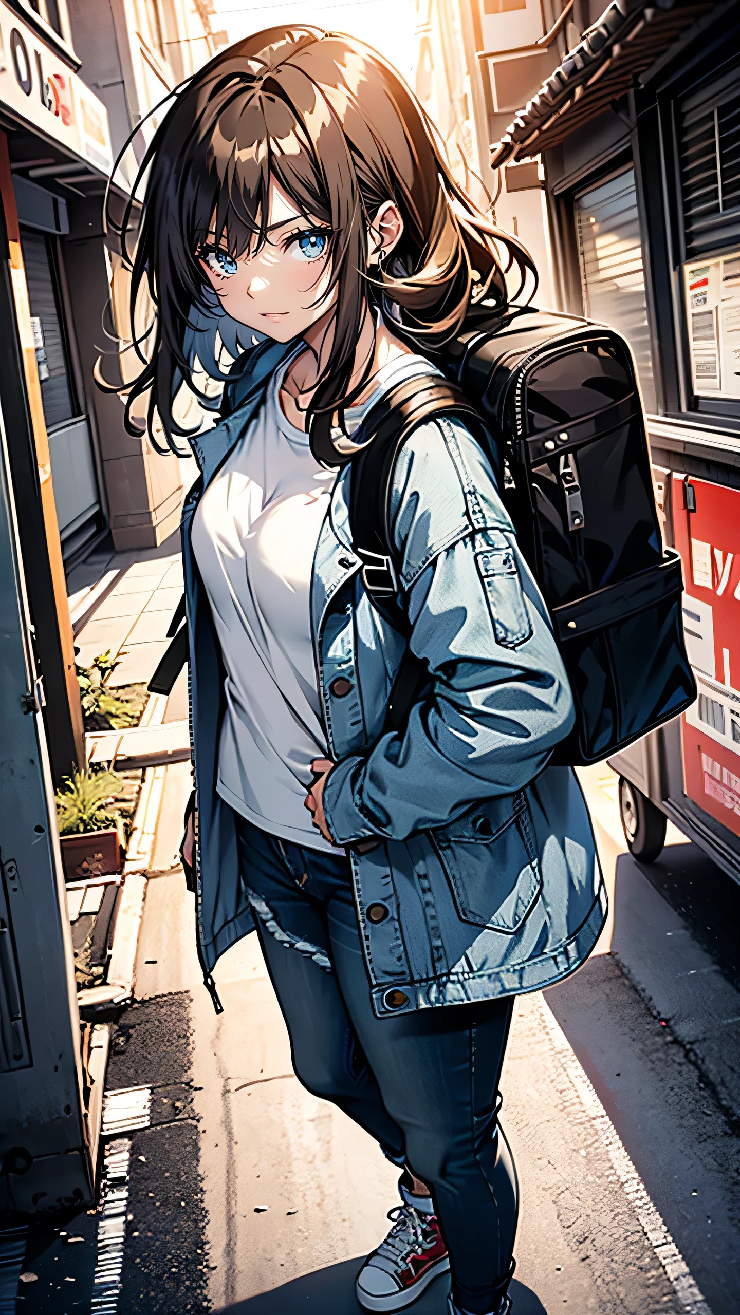 ((best quality, masterpiece:1.3, 8K)), (detailed), highly detailed face and skin texture, detailed eyes, downtown, full body, slender body, 1girl, 25 years old, white skin, blue eyes, worried, embarrassed, long hair, (forehead:0.8), (stylish top:1.2), denim pants, blue jeans, footwear, peeing jeans, peeing pants, pee stain, (wetting herself), desperation,