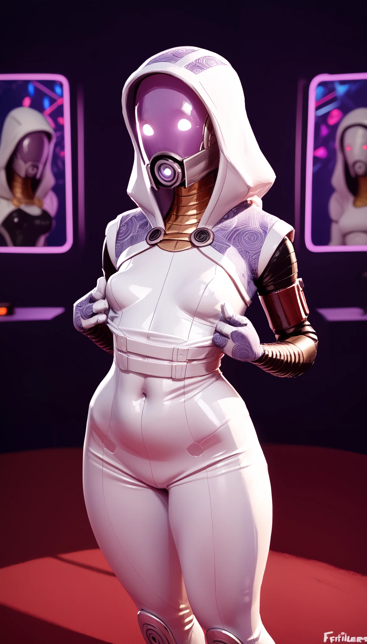 author: (fossa666:1.5),white tuxedo (taran fiddler:1.5), white cloth, white fabric (pixel sketcher:1.4),white hood, masterpiece, detailed Bonifasko lighting, [crepuscular ray], best details, real life, depth of field, glowing pink eyes, grey skin, discolored skin, pink skin, bodysuit, detailed background, [sci-fi casino], dim lighting, neon lighting, solo, casino background,  red carpet, camera flashing, black and white detailed bodysuit. tuxedo. , female, (Tali zorah), (), alien female, (tali zorah:1.2), seductive walk,  femme, genitals, cameltoe, small breasts,  clear details, (, metallic and rubber skin textures, featureless nude, , , translucent body, you can see under her skin, , ,s, faceless, various poses, , [[[mass effect 3 citadel casino outfit]], white fabric, black rubber suit, white colored hood, white cloth, white gloves, white stockings, 1girl, one girl, 1girl, solo, white hood, white clothes, white belt, white clothes, glowing eyes
