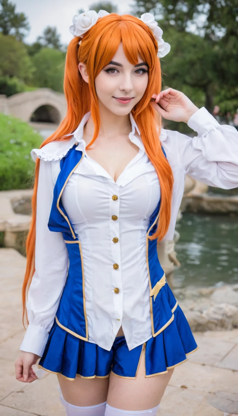 there is a woman with Rote Haare posing for a picture, amouranth, besser bekannt als Amouranth, Abonnieren, Amouranth als Superschurke, madison beer as Abonnieren, Rote Haare, Cosplay costume, orange leuchtendes Haar, Young beautiful Amouranth, belle delphine, karottenfarbenes Haar, Abonnieren outfit, ayaka Cosplay costume