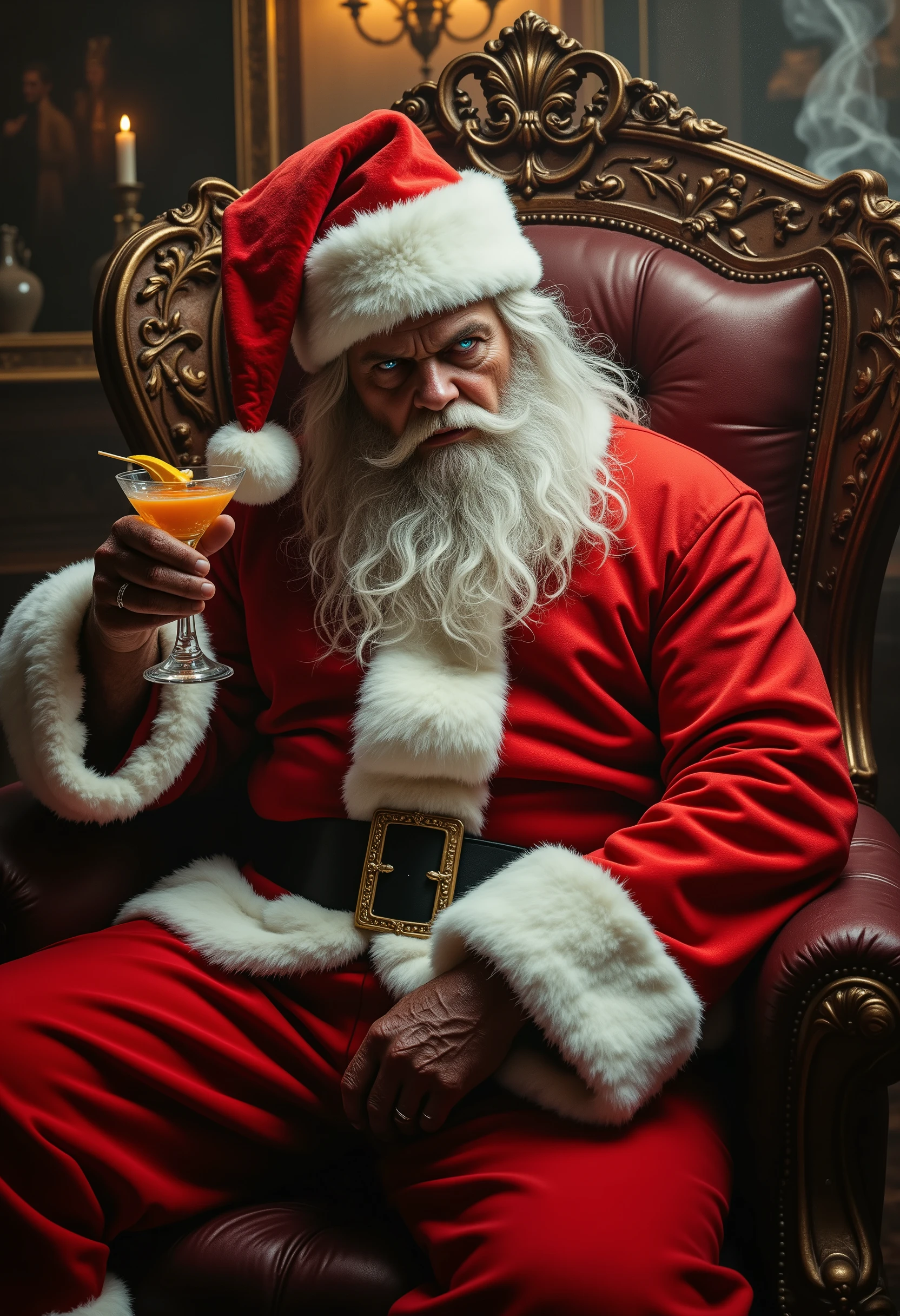 Neo-Baroque style, Oil Pastel Blend, best quality, aidmafluxpro1.1,1man, Santa Claus costume, scar on cheek, glowing eyes, holding cocktail, sitting on heavy chair, imposing pose, dangerous aura, ornate and luxurious setting, warm and rich tones, intricate details, dramatic lighting, intense expression, smoky ambiance