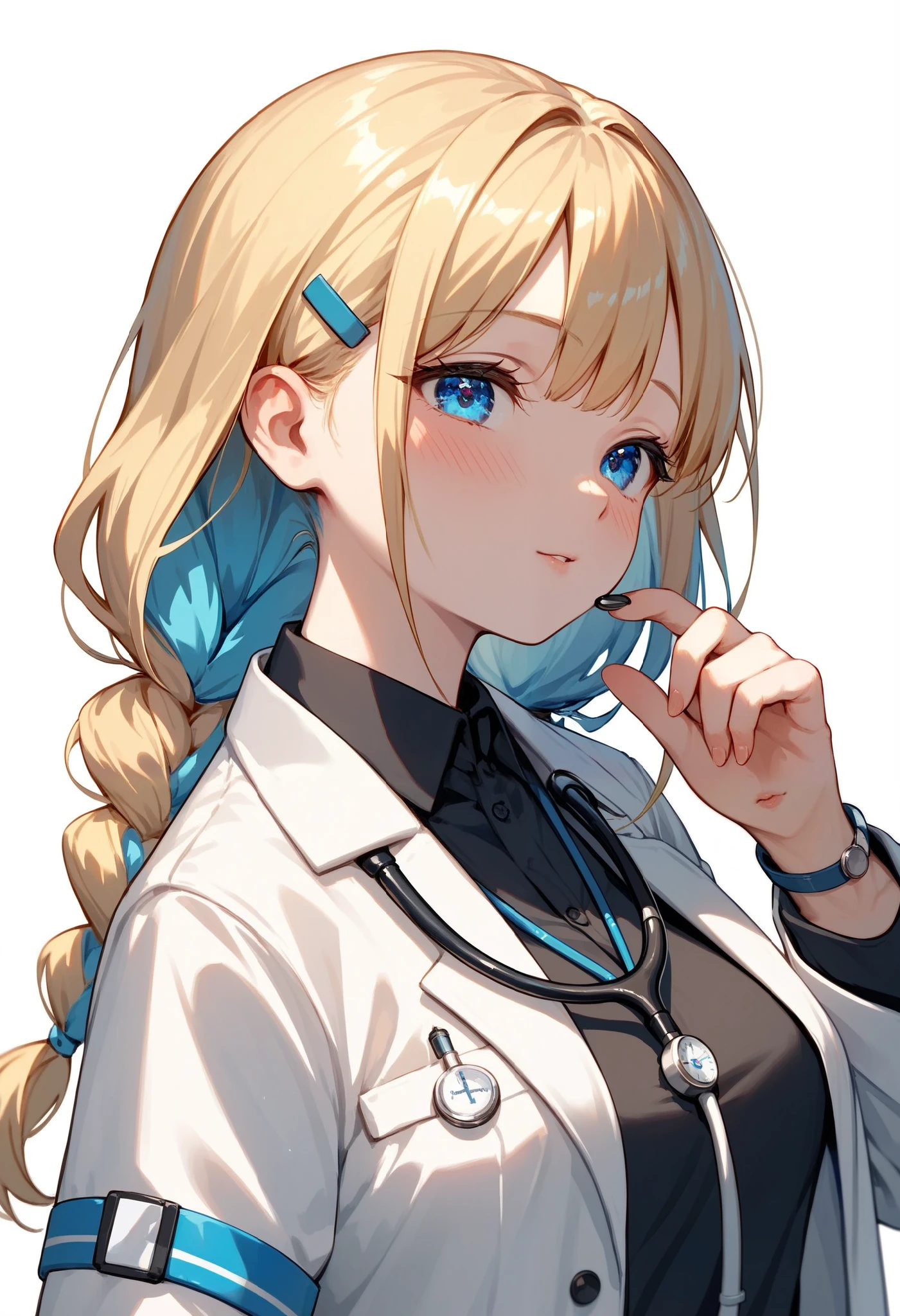 Minimalism,Crosshatching,best quality,highly detailed,1girl,long blonde hair,blue inner hair,braided pigtails,blue eyes,white lab coat,black shirt,medical theme,holding stethoscope,blushing expression,striped thigh straps,simple white background,clean composition,professional and soft atmosphere
