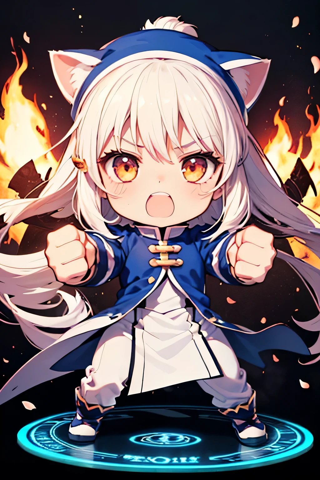 Serious girl, fighting, ( showing teeth), standing, combat pose,  mmorpg background ,  mmorpg background (A stranger), complete anatomy,   graphic effects , ribbon ornament, aura, height 159 cm  ( 5 feet 3 inches ), hard fists ,  caste summoning circle ability Guillotine Fist((kanji)( ragnarok online ), Blue Fire Force +vapor,  fire around, strong breeze , black and white cat mascot ,  sakura petals and leaves , primera persona, blush,  looking at the spectator , Charm, Pausa de toque ciego  looking at the spectator ,  anime style very detailed face, 8K, light and shadow effect.  masterpiece,  The best quality , fullbody, Chibi, , (change:1.2), Nendoroide, PVC models 