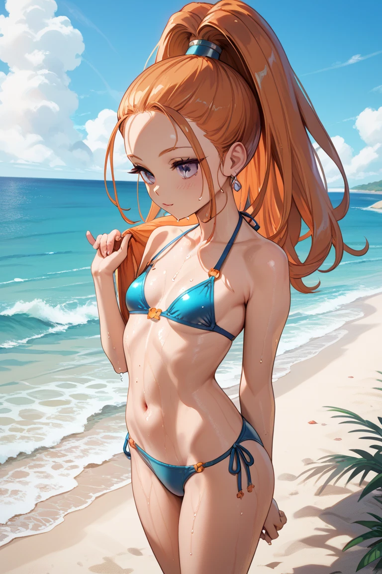 dqbbra, 1girl, orange hair, high ponytail, long hair, purple eyes,  small breasts, teenage,
High-rise bikini, Height Short,
nsfw:1.5, beach, wet:1.5, 