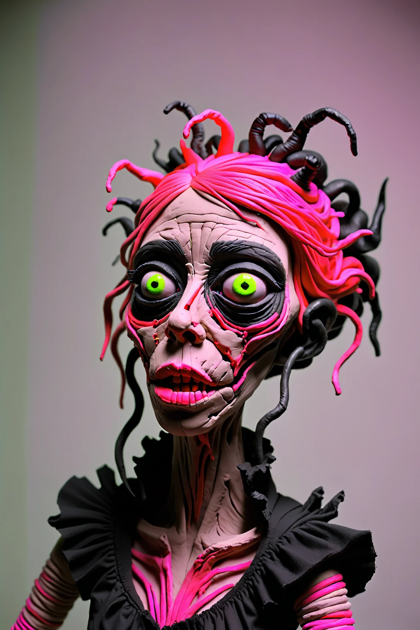 Loab,,, this sculpture of a woman, stop motion character, stop - motion, weird art piece, dough sculpture, abstract claymation, stop motion, weird, claymation character, crazy, realistic cloth puppet, 3 heads, puppets, brighten up the color. Super saturated color even! stunning, amazing art,awe inspiring art, insanity inducing,strange, freaky,wierd,crazy,bizarre.     Loab...     Make this image even more weird,bizarre,and crazy looking! More bright vibrant colors ,neon green neon pink, neon yellow, brighter red,black. Use this image to create a whole portfolio of images that the world would find unnerving, unsettling, and fascinating! The more shocking, gore filled and explicit, the better! 