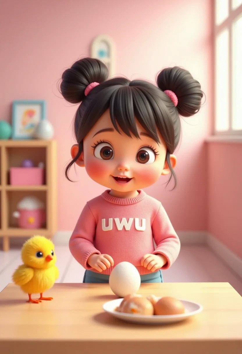 ((picture taken from the front))
wearing a pink sweater with "uwu" printed on the front with white color, blue shorts,
sitting at a wooden table, there is 1 chicken egg and a yellow chick. expressions of wonder and doubt, with a pink playroom background.