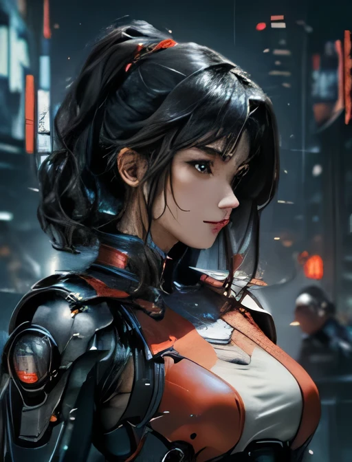  dark-haired woman、red and blue mechanic armor(Small chest、 sleeveless)、 cyberpunk city at night 、