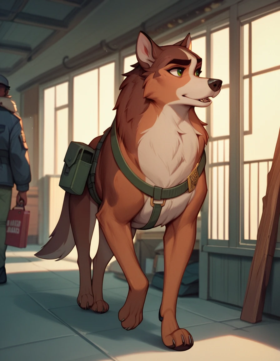 Score_9, Score_8_up, Score_7_up, Score_6_up, Score_5_up, Score_4_up, timber shepherd wearing a security dog coat, feral, furry, sniffling boxes in the airport cargo room, walking on the conveyor belt.