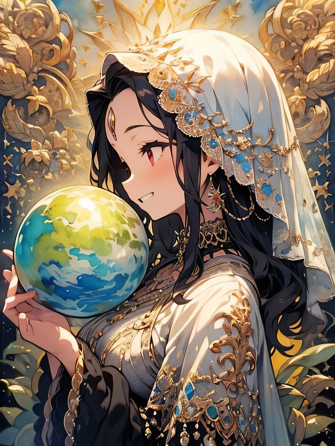 (sideview),alone,(upperbody),mint green wavy hair,(Forehead Chain Veil),purple red eyes,Medusa、old female,Fortune Teller's Face Veil、grin,Western fortune teller、Offshoulder Black Fortune Teller Outfit :1.2、 Beautiful Big Breasts Crystal Ball、Telling fortune、like a painting、watercolor画風, The Art of Mathematics, Official Art, Masterpiece , beautiful, ((watercolor)), paint splashes , complex details. very detailed, [Drooping:0.7],