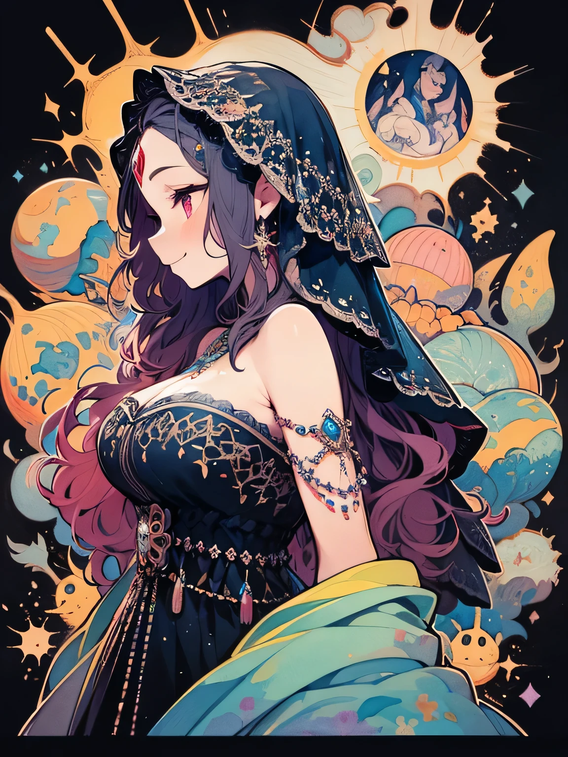 (sideview),alone,(upperbody),mint green wavy hair,(Forehead Chain Veil),purple red eyes,Medusa、old female,Fortune Teller's Face Veil、grin,Western fortune teller、Offshoulder Black Fortune Teller Outfit :1.2、 Beautiful Big Breasts Crystal Ball、Telling fortune、like a painting、watercolor画風, The Art of Mathematics, Official Art, Masterpiece , beautiful, ((watercolor)), paint splashes , complex details. very detailed, [Drooping:0.7],