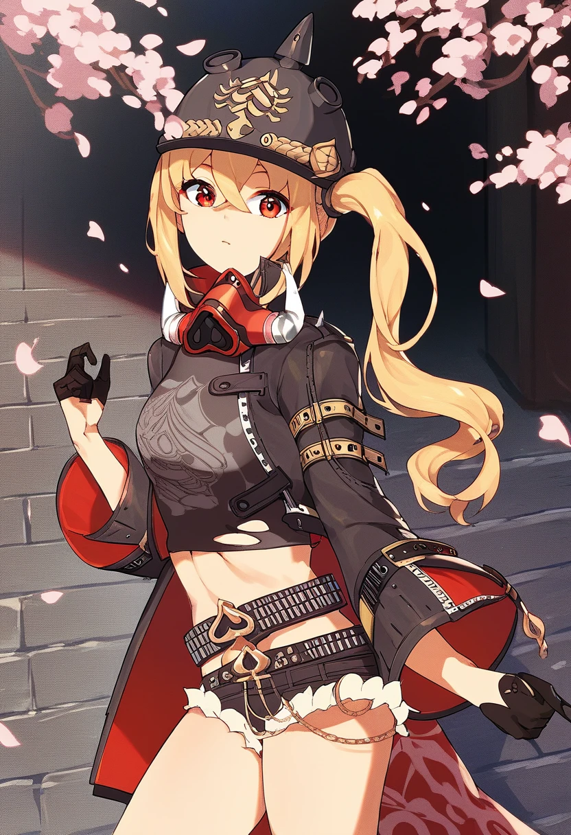 score_9, score_8_up, score_7_up, score_6_up, score_5_up, score_4_up, BREAK source_anime, 1girl, solo, outdoors, street, cherry blossom, cowboy shot, looking at viewer, lucy, red eyes, blonde hair, side ponytail, motocycle helmet, black jacket, long sleeves, open jacket, mask around neck, half gloves, black shirt, crop top, midriff, black shorts, denim shorts, high heels boots, knee boots, torn shirt