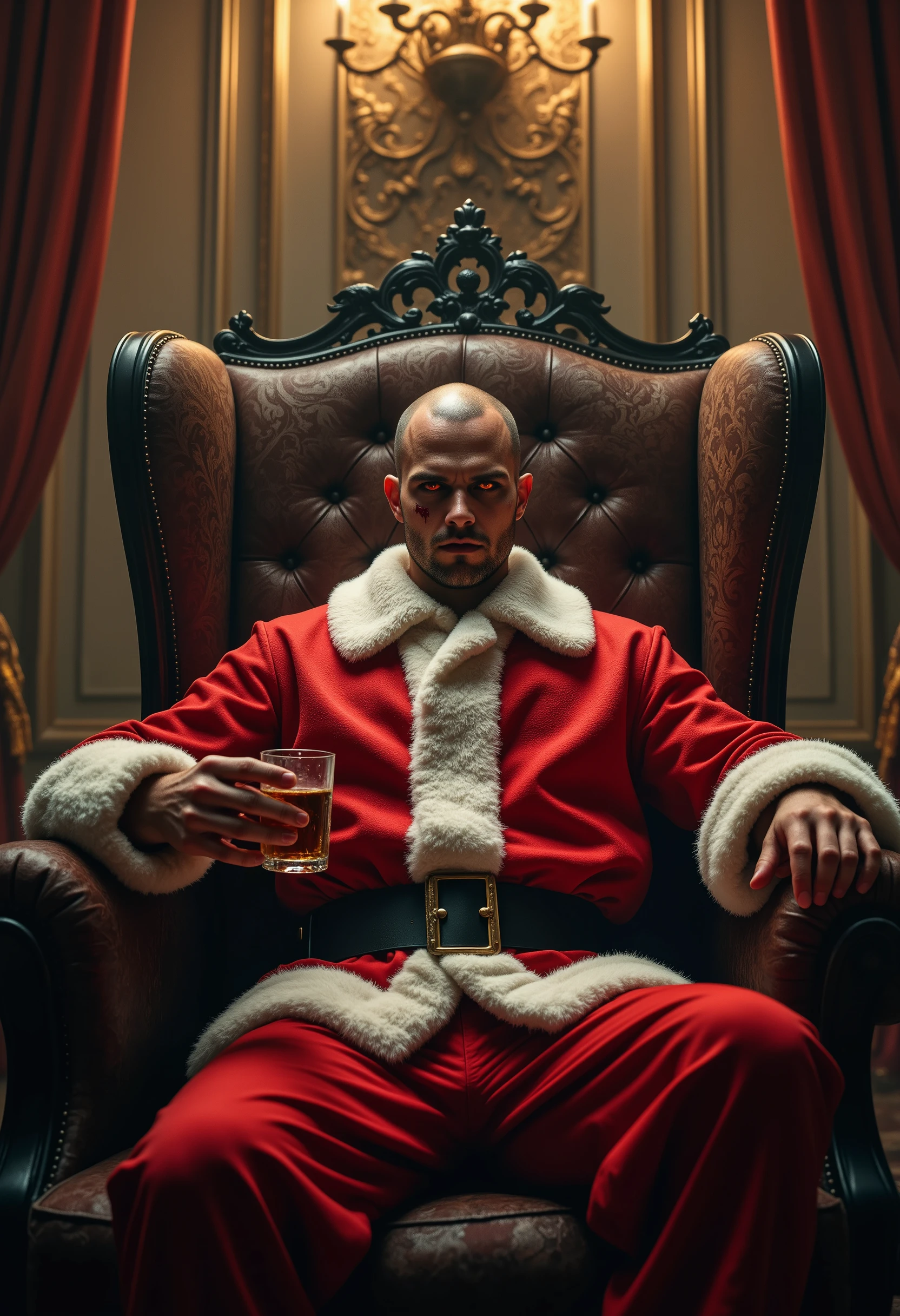 Neo-Baroque style, Oil Pastel Blend, best quality, aidmafluxpro1.1,1young man, Santa Claus costume, scar on cheek, glowing eyes, holding cocktail, sitting on heavy chair, imposing pose, dangerous aura, ornate and luxurious setting, warm and rich tones, intricate details, dramatic lighting, intense expression, smoky ambiance