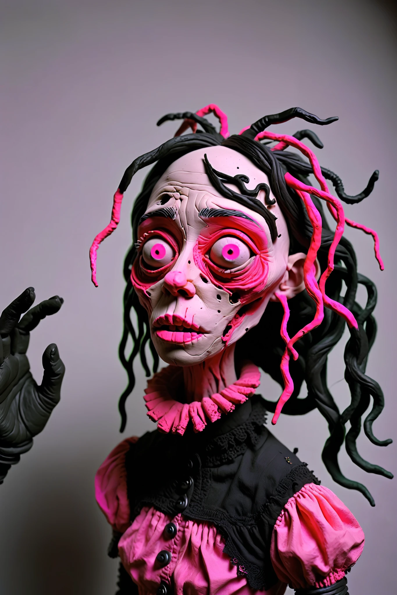 Loab,,, this sculpture of a woman, stop motion character, stop - motion, weird art piece, dough sculpture, abstract claymation, stop motion, weird, claymation character, crazy, realistic cloth puppet, 3 heads, puppets, brighten up the color. Super saturated color even! stunning, amazing art,awe inspiring art, insanity inducing,strange, freaky,wierd,crazy,bizarre.     Loab...     Make this image even more weird,bizarre,and crazy looking! More bright vibrant colors ,neon green neon pink, neon yellow, brighter red,black. Use this image to create a whole portfolio of images that the world would find unnerving, unsettling, and fascinating! The more shocking, gore filled and explicit, the better! 