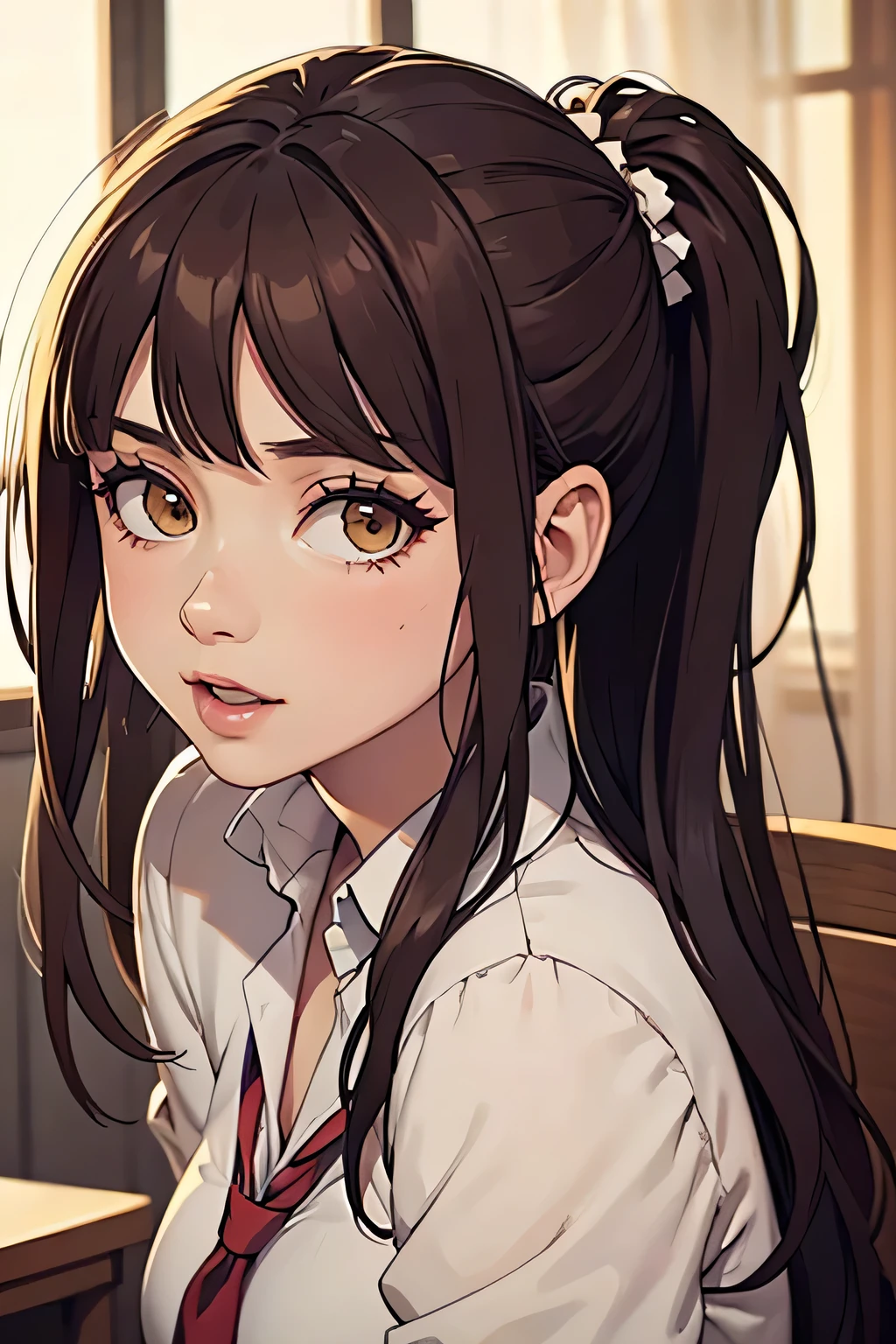 (giant girl, white skin, curvy sexy body, long hair, brown hair, ponytails, secretary uniform, erotic, sexy pose, cheerful, danganronpa style), (best quality, ultra-detailed, realistic:1.37), (illustration, vibrant colors, portraits), (warm color tones, soft lighting)