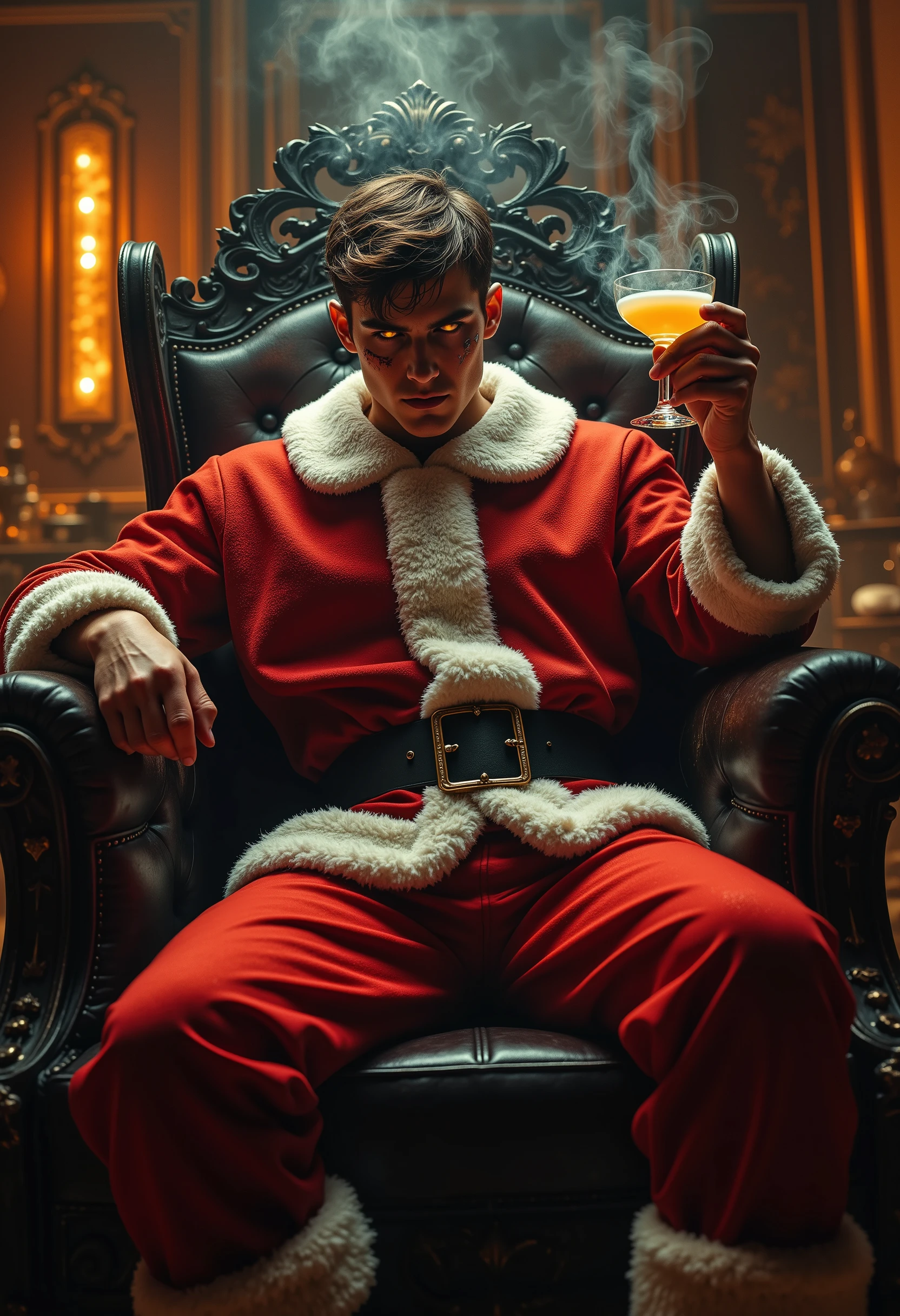 Neo-Baroque style, Oil Pastel Blend, best quality, aidmafluxpro1.1,1young man, Santa Claus costume, scar on cheek, glowing eyes, holding cocktail, sitting on heavy chair, imposing pose, dangerous aura, ornate and luxurious setting, warm and rich tones, intricate details, dramatic lighting, intense expression, smoky ambiance