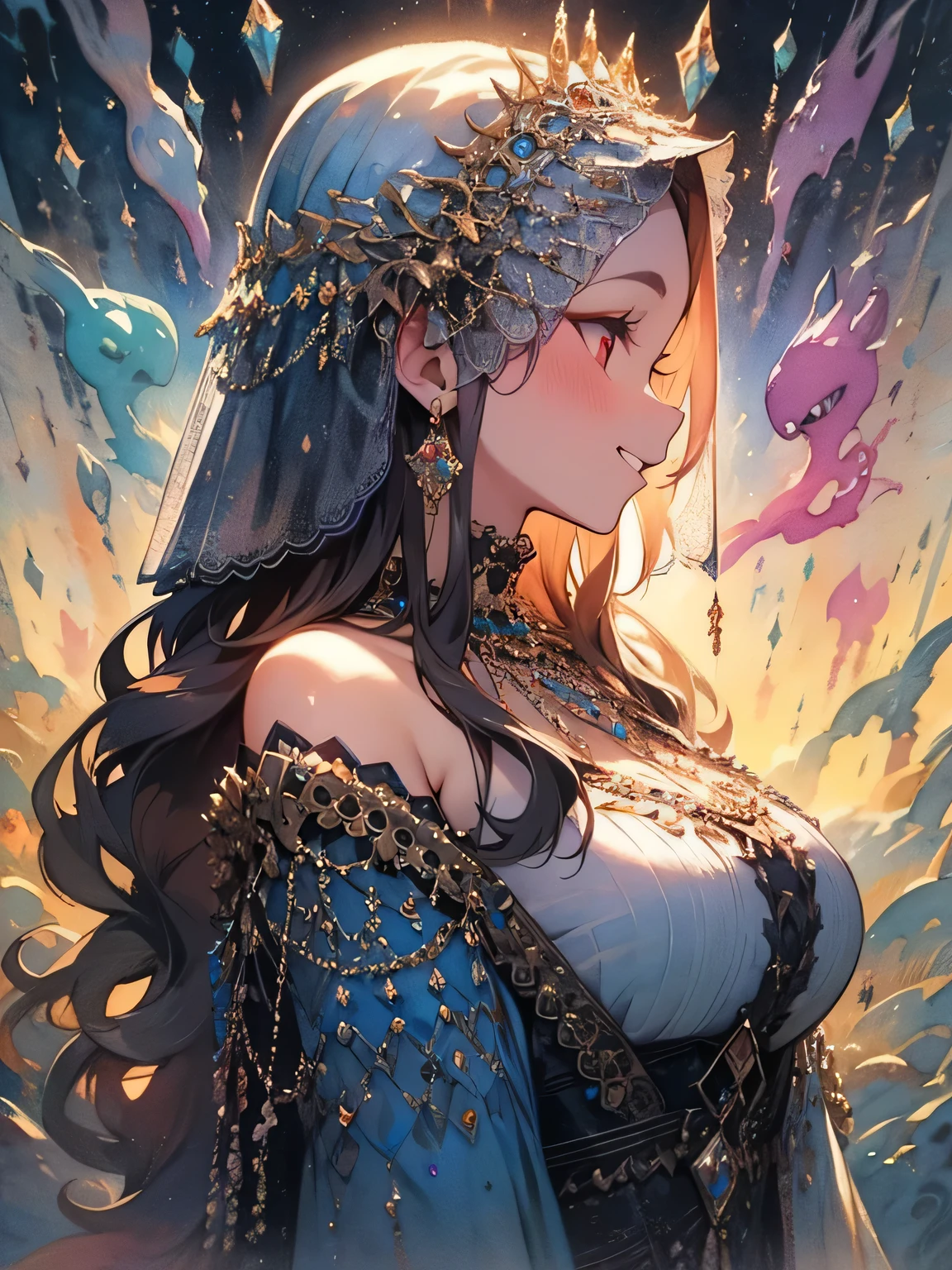 (sideview),alone,(upperbody),mint green wavy hair,(Forehead Chain Veil),purple red eyes,Medusa、old female,Fortune Teller's Face Veil、grin,Western fortune teller、Offshoulder Black Fortune Teller Outfit :1.2、 Beautiful Big Breasts Crystal Ball、Telling fortune、like a painting、watercolor画風, The Art of Mathematics, Official Art, Masterpiece , beautiful, ((watercolor)), paint splashes , complex details. very detailed, [Drooping:0.7],