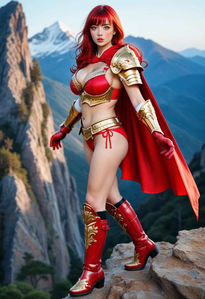 (masterpiece, best quality, cinematic, photorealistic, ultra-detailed), (1girl, Japanese knight), (wide shot, from the side:1.4), (wearing golden armor with an accent of red, wearing red gloves and boots, wearing a long red cape:1.5), (wearing red top and bottom bikini:1.4), (long and messy red hair, with bangs:1.2), perfect hands, perfect face, (large cleavage, bursting breasts), (seductive pose:1.2), (green eyes, soft and shimmery eyeshadows, detailed pupils, defined eyelashes), (blushing, slightly parted lips, cherry lips:1.2), (standing sensually on a mountain cliff:1.4), (crossed-legs:1.3), (big tits:1.3)