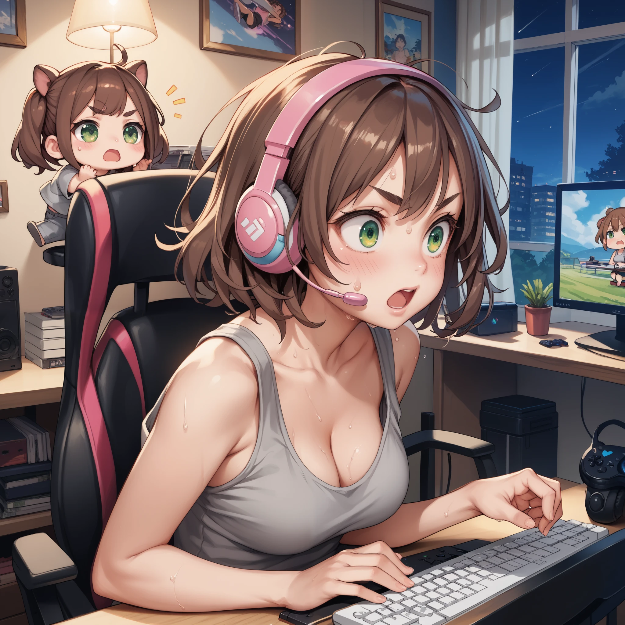 night, anime, from side, 1girl, (surprised:0.9), blush, green eyes, detailed eyes, brown hair, pink headset, (messy hair:0.8), medium breasts, cleavage, in room, girls room, loose tank top, gray tank top, (short shorts:0.5), playing the game, Shooting games, desk, white PC, white game controller, white keyboard, sitting gaming chair, looks away, sweat, panic, troubled eyebrows, (open mouth:1.3), chibi