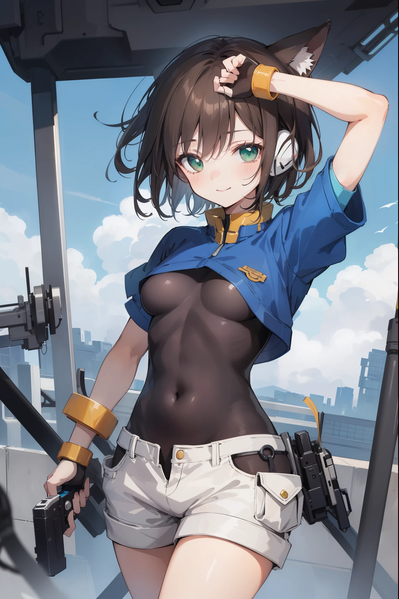 ((topless)), nsfw, masterpiece, 1 girl, erect nipples, intricately detailed, navel, bare shoulders, bonde hair, hard hat, construction site, towel on neck, wiping sweat, baggy pants, cargo pants, extremely detailed, bare breasts, puffy nipples, blue eyes, bare stomach, sweaty, medium breasts, arm strap, cowboy shot, holding sledgehammer, , chain, soft eyes, smiling, day, belt, rubble, short hair, open mouth, hairband