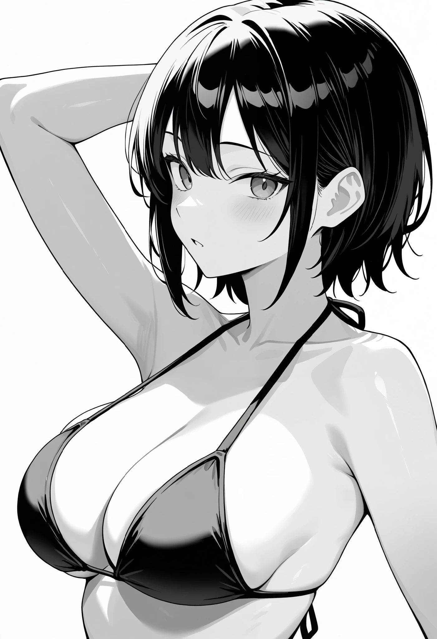 1girl, sensitive, grayscale, short hair, breasts, bikini, white background, masterpiece, best quality, very aesthetic, absurdres