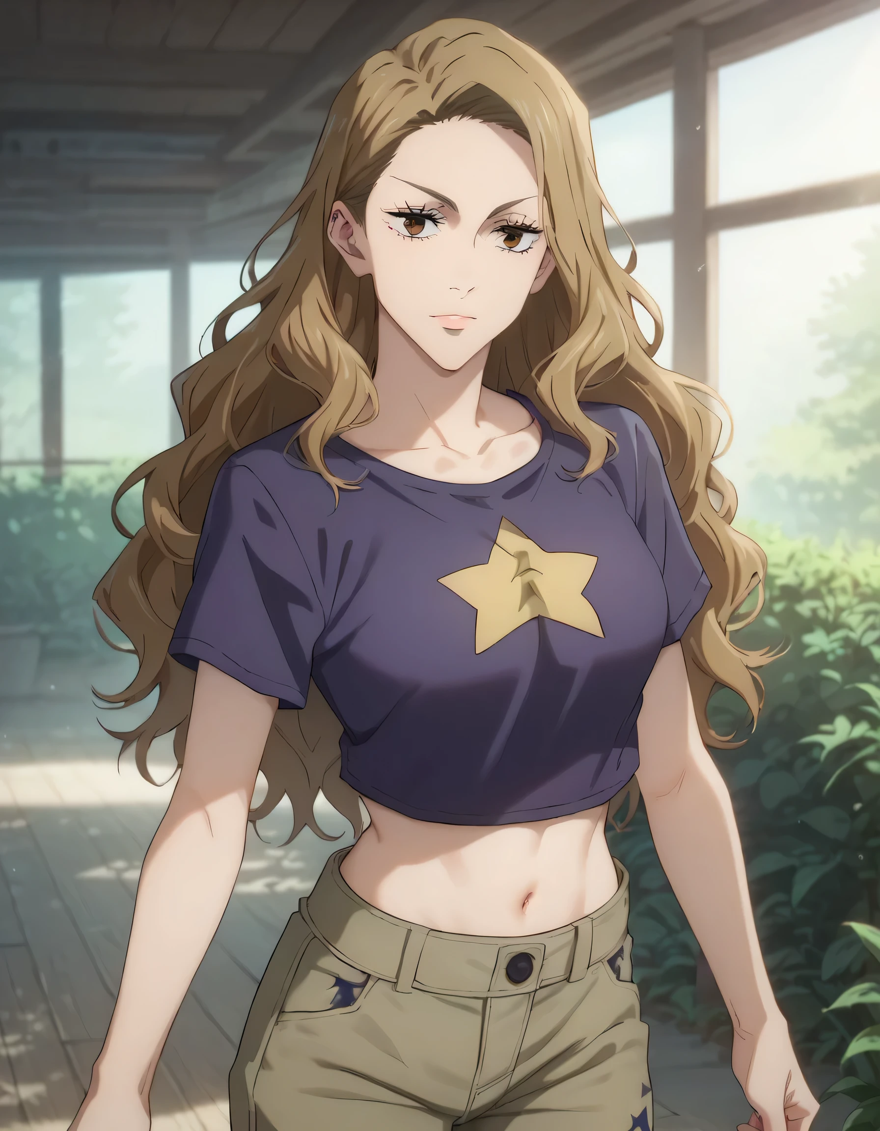 score_9, score_8_up, score_7_up, sauce_anime, ambient light,
jujutsu_kaisen_style, 1girl, long hair, light brown hair, wavy hair, purple crop top,star print on it, cargo pants, khaki pants, brown eyes, beautiful face, long eyelashes