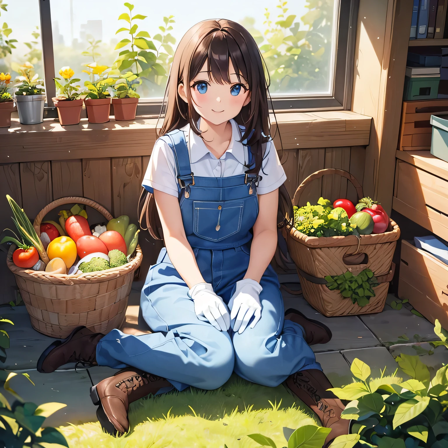Top quality, best quality, 1080p, 8K, masterpiece, first class, (perfect face), looking at camera, front, full body, female, 20 years old, brown hair, top and bottom overalls work clothes, white gloves, boots, holding basket of vegetables with both arms raised high to chest, farm girl growing vegetables, ((clear horizontal plastic employee ID with blue string around neck)) The entire scene is illuminated by warm natural light. The entire scene is lit by warm natural light. Vivid, high-definition clarity. A full, open-mouthed smile.