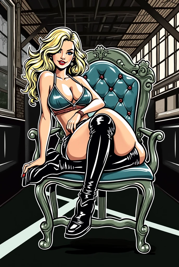 Girl, smile, red lips, sexy pose, sexy body, beautiful girl, long hair, blonde hair colors, realistic, full body, looking forward, wear high heels, sit on the chair pose, drees clothes, big tits, two legs