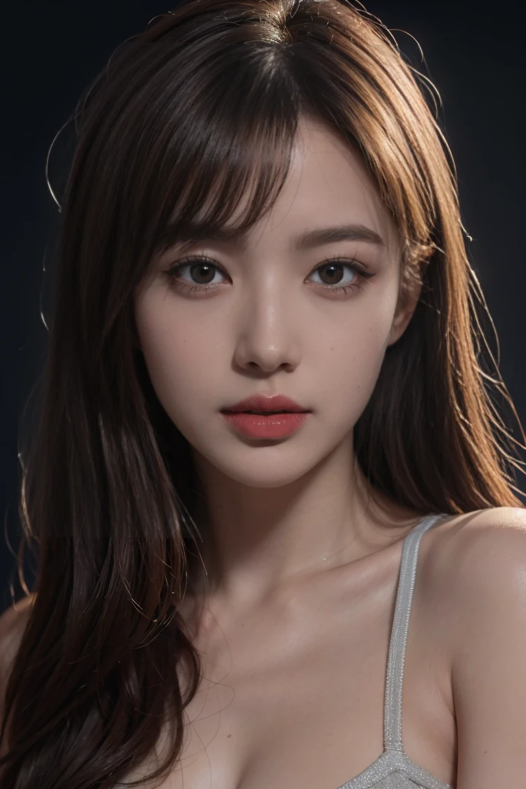 (hyper realisitc), (illustratio), (A high resolution), (8K), (The very detailed), (Most Best Illustration), (美丽细致的眼睛), (Best quality at best), (ultra - detailed), (tmasterpiece), (the wallpaper), (详细的脸), Alone, one-girl, peeping at the viewer, finedetail, 详细的脸, Dark Bar Counter, in the darkness nigth, deep shading, low tune, purebred face_v1, ssmile, long whitr hair, Dark blonde shawl straight hair, By bangs