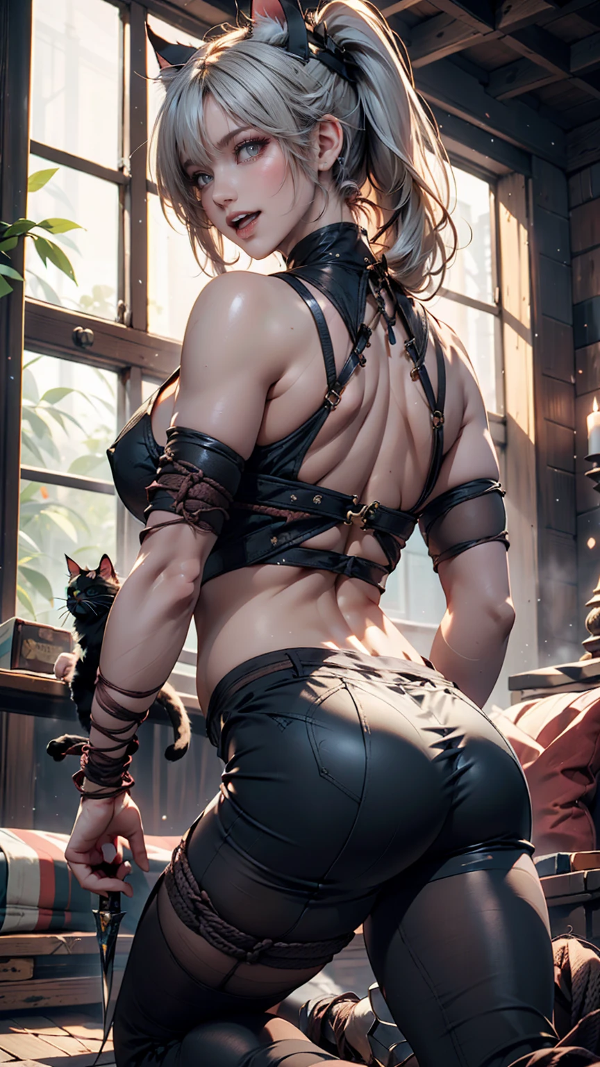  1 girl , Alone,  white-haired, Double Ponytail, cat ears, ,  open mouth, belly button, Nipples, Exposing, (Kneel: 1.3), bondage, (Binding), Tied up, (Back of the hand: 1.4), rope, Combine weapons, masterpiece