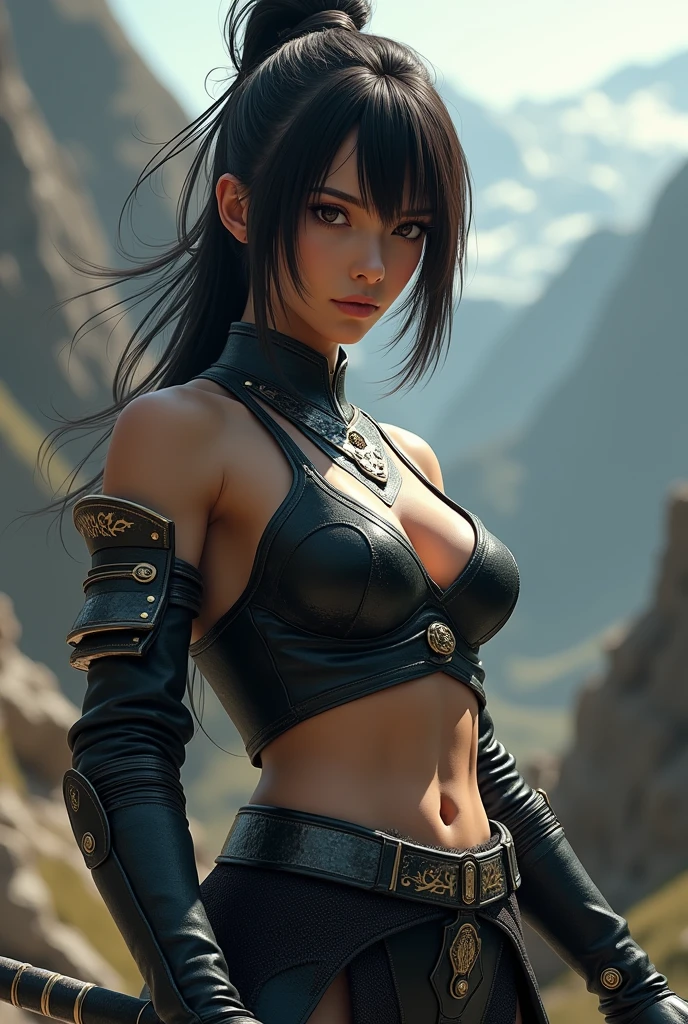 smiling wide with parted lips, a beautiful anime full-body glamour portrait of a kunoichi, goddess, enormous breasts, mischievous smile, gazing lovingly at the viewer, long hair in a ponytail, dark hair, astonishing purple eyes, smokey eye make-up, anatomically correct, mid-twenties, posing for the camera in a highly detailed hidden lagoon, mountain background, provocative standing pose, arms above her head, WLOP. studio lighting, detailed skin, ultra, realistic, sharp features, highly detailed. Sharp focus, natural skin, natural skin texture, subsurface scattering, muted colors, skin pores, perfect face, perfect eyes, perfect full lips, supple female form, vivid, cinematic, Film light, Hyper detailed, Hyper-realistic, masterpiece, atmospheric, High resolution, Vibrant, High contrast, dark angle, 8k, HDR, 500px, a view from above