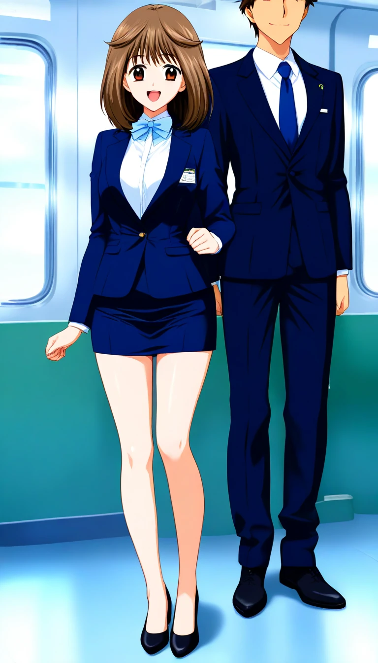 Masterpiece  ,  top quality, Good quality, Mochida Mako ,  brown hair,  Brown Eyes ,  medium hair up to buttocks, chest, smile,  open mouth,  1 girl , Alone,  full body style that reflects your whole body、Normal milk、 narrow waist 、Bare legs、 in a suit、 navy blue jacket , collared shirt 、 white shirt、 blue tie, navy blue mini pencil skirt,Black pumps、Anime Images