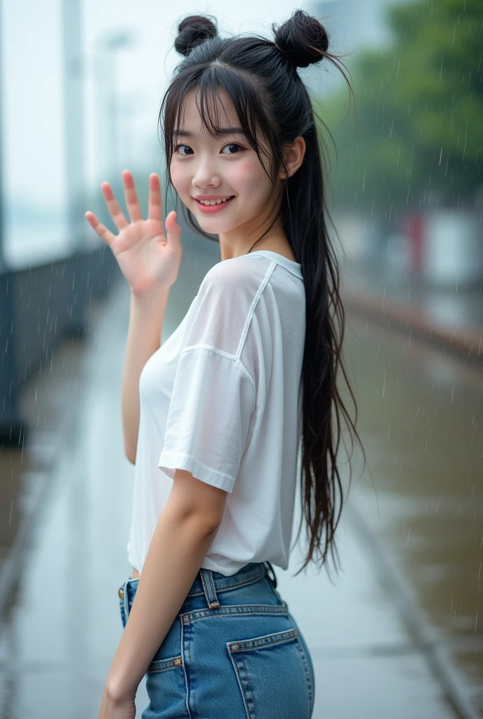 (realisitic、Photorealsitic:1.37)、(8K、Raw photography、top-quality、masterpiece:1.2)、Very cute woman、ultra-detailliert、Heart-shaped pupil、physically-based renderingt、超A high resolution、Kodak Vision Color、Captured with an Arricam LT camera、bokeh dof、foco nítido、(((Correct ???????:1.2)))、A high-definition, realistic image of a young Japanese woman flipping in the air during rain, captured from a powerful low angle. She\'s wearing baggy overalls. The scene captures the moment when raindrops create dynamic ripples and splash on the water surface. In the background, fighter jets at an air force base are visible. The water spray flying up from her feet forms a large arc, vividly illustrating the trajectory of her somersault. This image emphasizes the realism and detail of her cheerful expression, the complexity of the raindrops, and the dynamic atmosphere of the air force base setting.