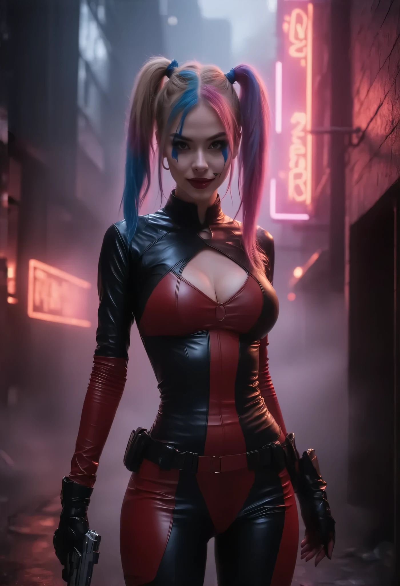 Cinematic image of Harley Quinn with colored hair, she is wearing her red and black suit holding a Glock in Gotham from the future. 