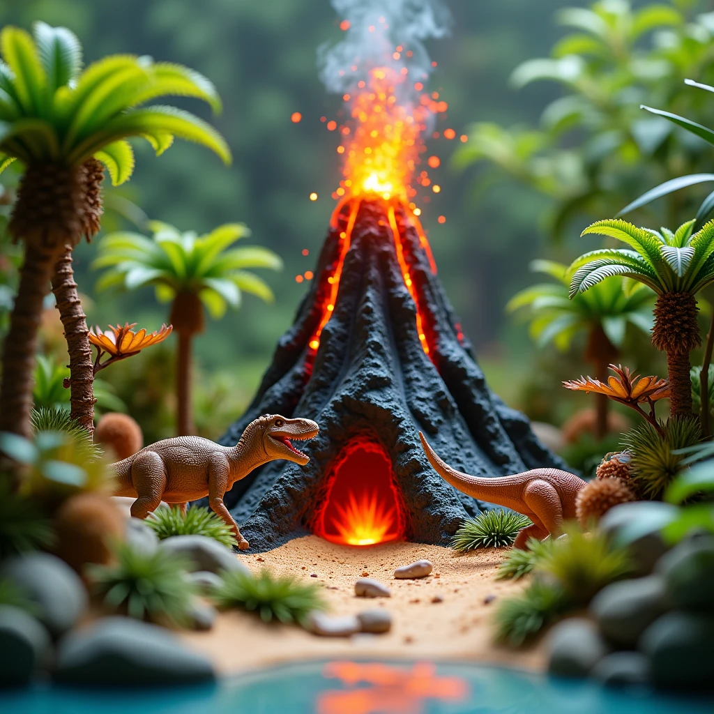  The model of the Toy Volcano on display is Beautiful Dinosaurs walking near the volcano, BC, bright colors, figurines, Palms and Plants ,  Best quality ,  Complex details ,  maximum details ,