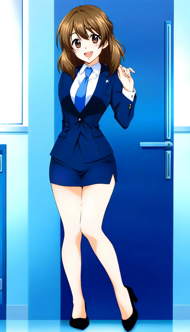 Masterpiece  ,  top quality, Good quality, Mochida Mako ,  brown hair,  Brown Eyes ,  medium hair up to buttocks, chest, smile,  open mouth,  1 girl , Alone,  full body style that reflects your whole body、Normal milk、 narrow waist 、Bare legs、 in a suit、 navy blue jacket , collared shirt 、 white shirt、 blue tie, navy blue mini pencil skirt,Black pumps、Anime Images