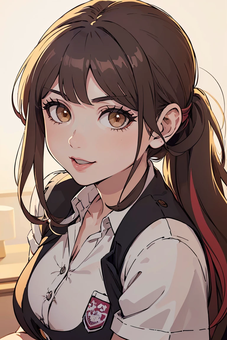 (giant girl, white skin, curvy sexy body, long hair, brown hair, ponytails, secretary uniform, erotic, sexy pose, cheerful, danganronpa style), (best quality, ultra-detailed, realistic:1.37), (illustration, vibrant colors, portraits), (warm color tones, soft lighting)