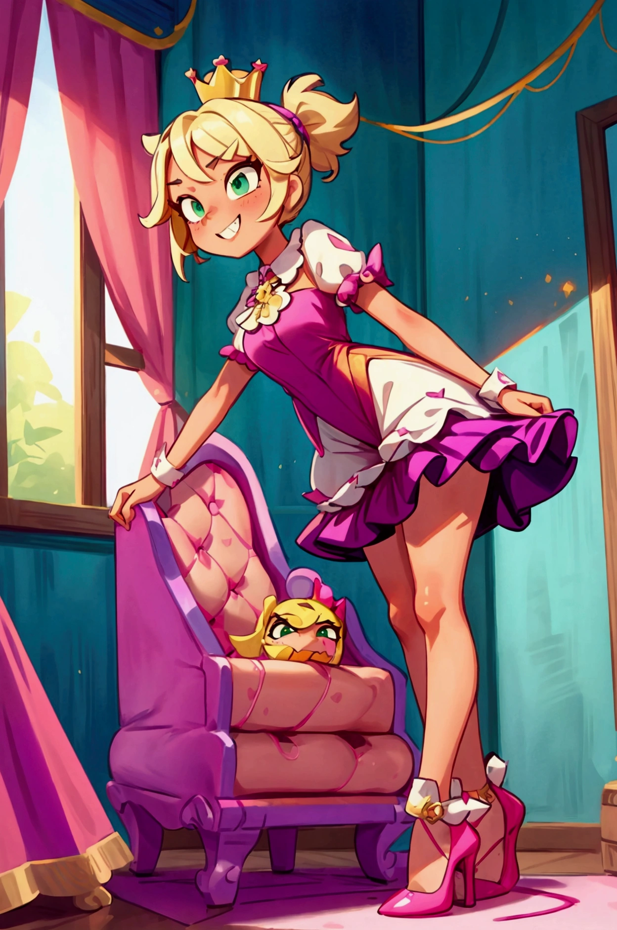 (Masterpiece, best quality) Mandy brawl stars, 1 girl, standing indoors with intricate details and sunlight, magenta and white frilled dress with short neckline, purple high heel shoes, crown in head, blonde medium long  hair, two ponytails, green eyes, blue, dark brown skin, sexy smile, bad girl, confidense attitude, teeth showing, sexy pose, coquette, beautiful long legs, mature teen girl, gorgeous body, pronounced breasts.