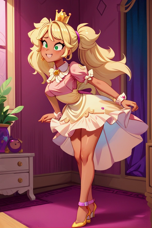 (Masterpiece, best quality) Mandy brawl stars, 1 girl, standing indoors with intricate details and sunlight, magenta and white frilled dress with short neckline, purple high heel shoes, crown in head, blonde medium long  hair, two ponytails, green eyes, blue, dark brown skin, sexy smile, bad girl, confidense attitude, teeth showing, sexy pose, coquette, beautiful long legs, mature teen girl, gorgeous body, pronounced breasts.