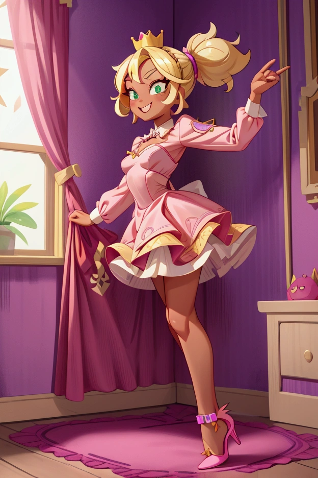 (Masterpiece, best quality) Mandy brawl stars, 1 girl, standing indoors with intricate details and sunlight, magenta and white frilled dress with short neckline, purple high heel shoes, crown in head, blonde medium long  hair, two ponytails, green eyes, blue, dark brown skin, sexy smile, bad girl, confidense attitude, teeth showing, sexy pose, coquette, beautiful long legs, mature teen girl, gorgeous body, pronounced breasts.