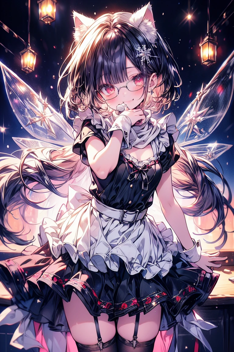 Here’s the adjusted prompt with the specified pose:
from front, night( chainsaw man),( very detailed face , real image, real skin , Realistic body, complex details), red eyes (Sharp Eyes), slightly blush , Social Wear , half-open button-up shirt (white), white , skirt (black), black belt with buckle, short hair to be shouldered, Glasses, small , close-up,
With open arms、Welcome pose (Show both palms)
Magical winter, (masterpiece, best quality, ultra-detailed), flat , blush, cat ears, warm and welcoming expression, Wide, sparkling eyes, winter maid outfit (cropped top revealing belly, frilly apron, fluffy cuffs, short skirt, snowflake stockings), standing with arms outstretched, palms facing forward as if inviting or welcoming, slightly tilted head, long hair with snowflake accents swaying gently, cheerful and radiant smile, lively tail swishing playfully, cozy room interior (warm lantern glow, fluffy rug, steaming hot chocolate on a nearby table), embroidered snowflakes, knitted scarf, fairy lights decorating the walls, frost-covered window, inviting warmth, carefree and joyful atmosphere, playful winter charm, positivity, and new beginnings.
Let me know if further refinements are needed!