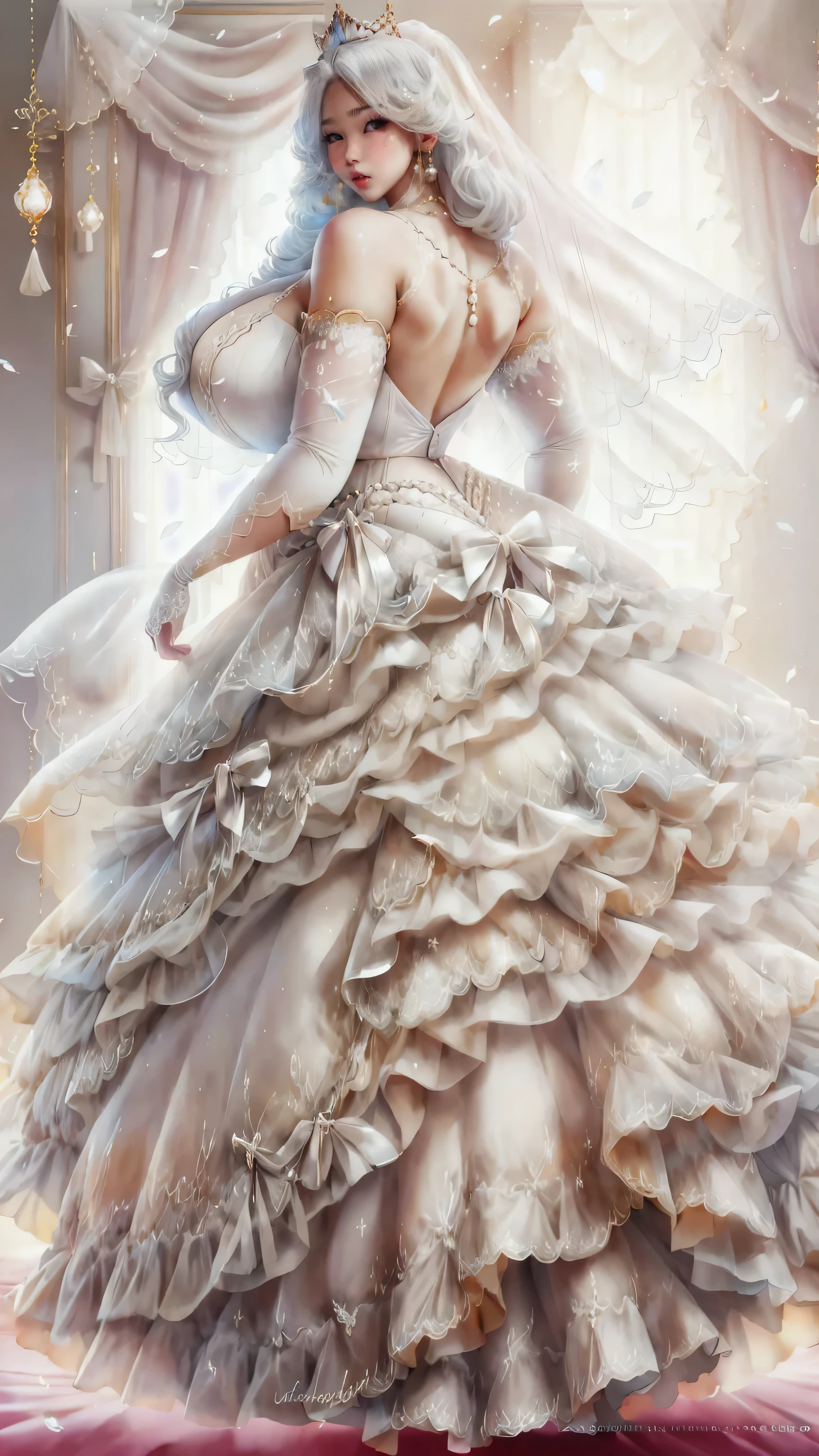 POV from back behind the back body Full body of my wife from behind Attractive dressing Beautiful colorful longer hairs,perfect facial features of well dressed in bedroom empty hand's ,looks like gorgeous wife giving a erotic pose wearing princess wedding gown dress, added anime stockings ((with big body curves, attractive queen diamond crown full dressed white clothing,bouncy breasts:2.4 thin waist,big wide hips , perfect suitable view)) wearing necklaces with princess sexy attractive long frock clothes full body clothing wedding white bride clothes added coastly stockings flowen net design frock