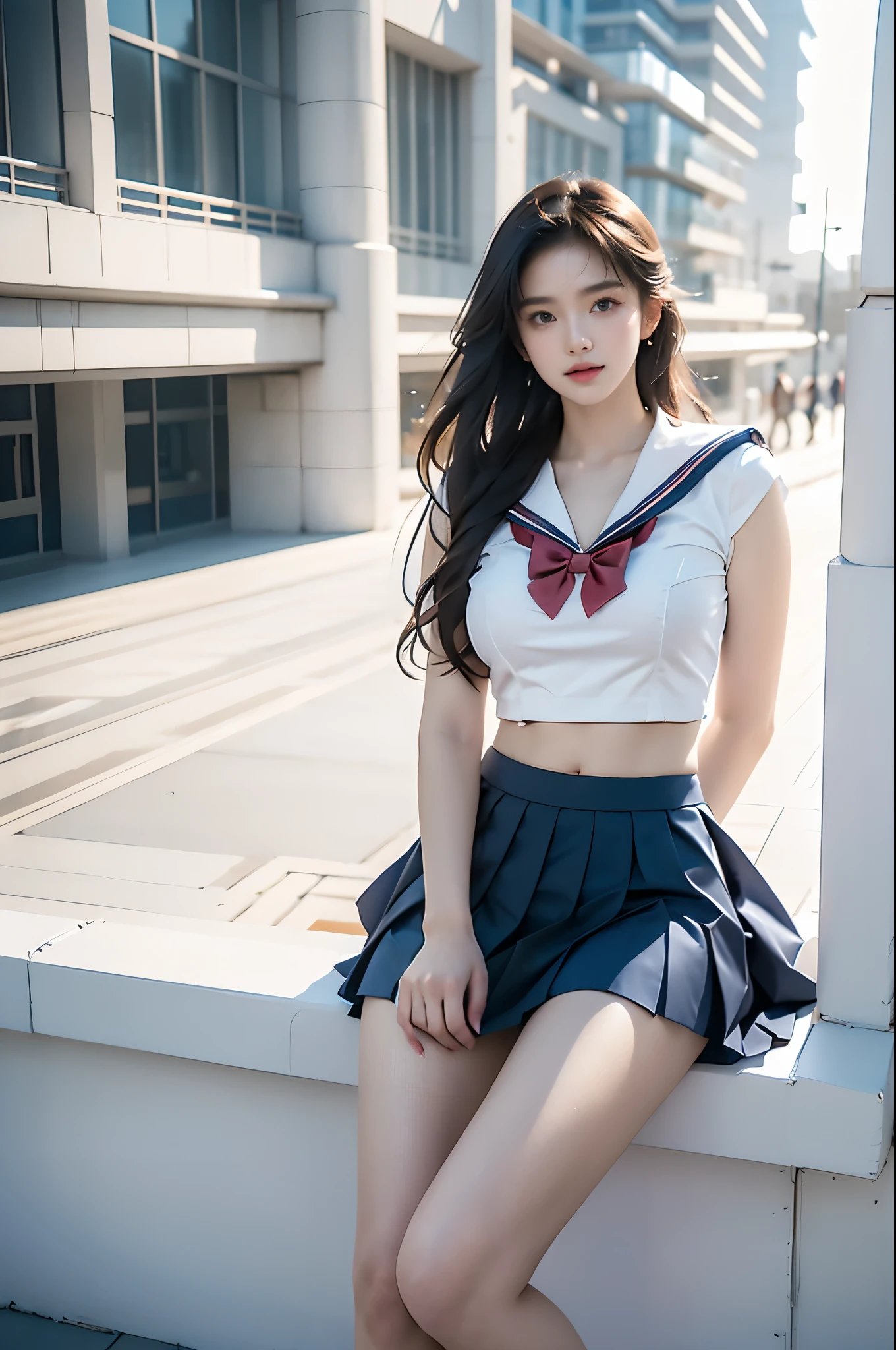 school uniform, bowtie, sailor collar, pleated skirt, ((full body:1.4)), ((from below:1.2)), (photorealistic:1.4), ung woman, (Full chest, visible cleavage, very short hemline, revealing smooth thighs, correct and beautiful leg shape), beautiful asian female, sitting on outdoor stairs, looking forward or slightly toward camera with natural expression, long slender legs prominently displayed, shot from low angle upward perspective, clear blue sky with floating white clouds, architectural bridge structure visible, urban environment,cinematographic, professional photography, sharp focus, golden hour lighting, soft shadows, detailed skin texture, hyperrealistic, 85mm lens, F2.8, perfect composition, ultra detailed