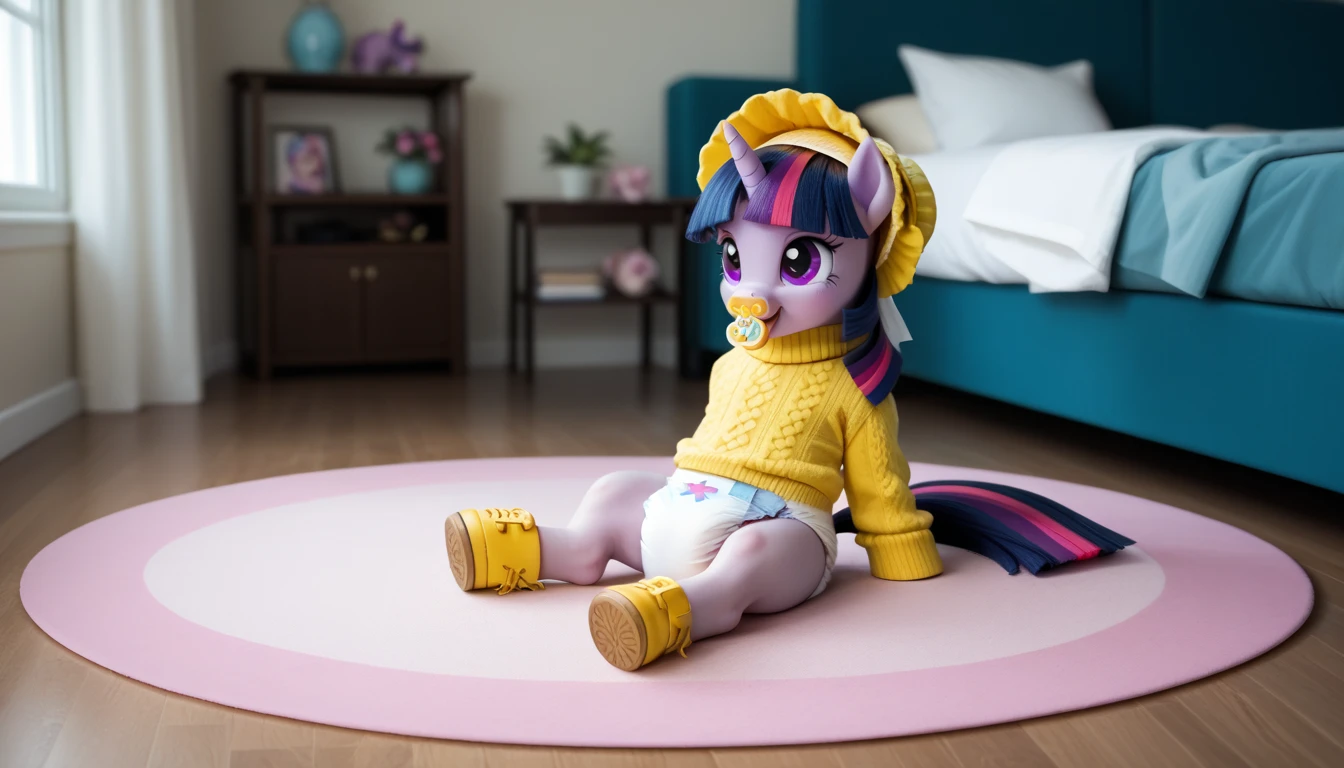 pony unicorn alone ,  Twilight Sparkle, filly , mane, gathered in a yellow bonnet,  dark blue tail with a purple strand and a pink strand,  purple eyes, sits in the room on a soft play mat, dressed in a yellow sweater and yellow booties, yellow pacifier in mouth, solo, thick diaper under clothes. 